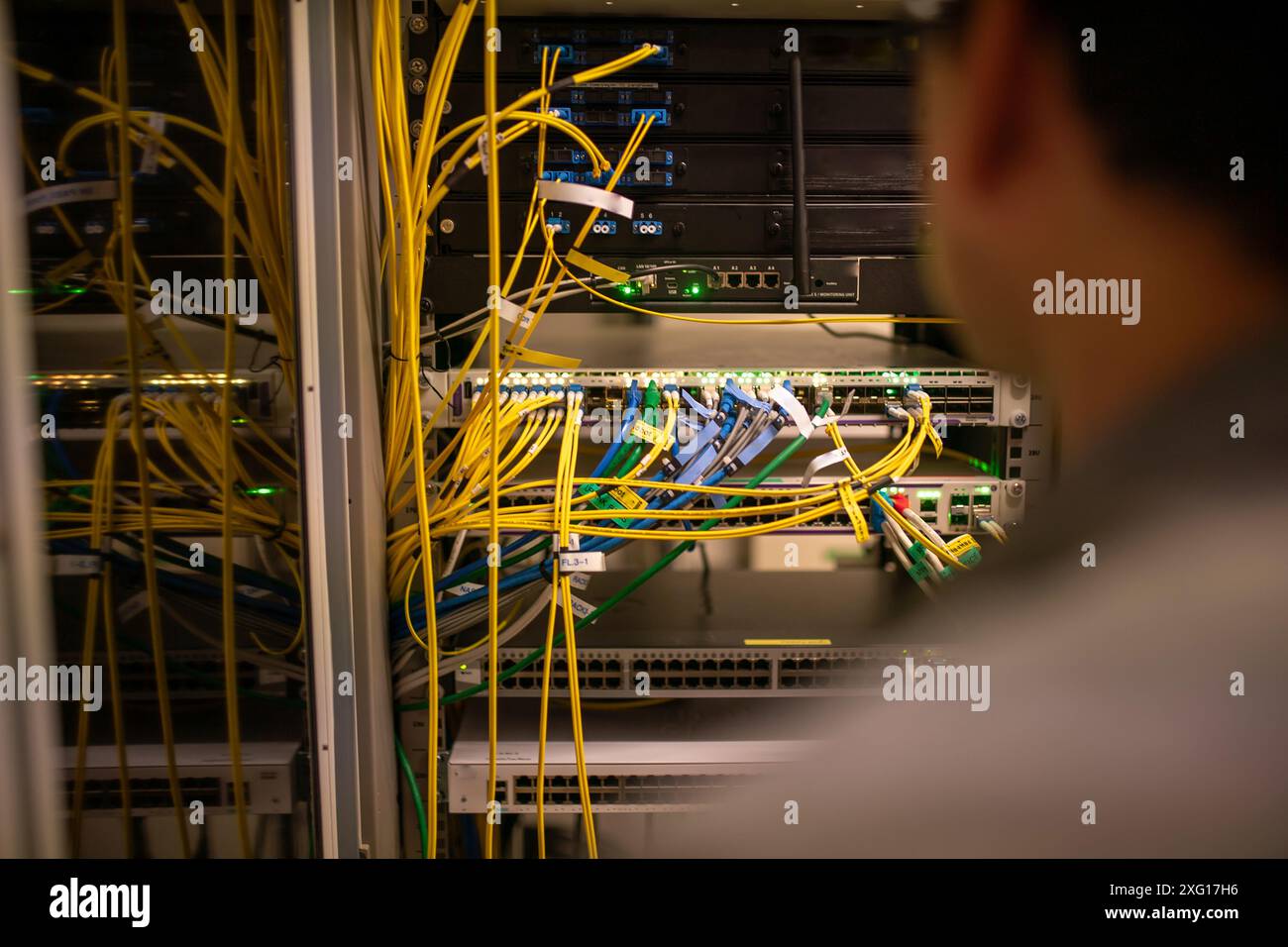 fiber optic with servers in a technology data center Stock Photo