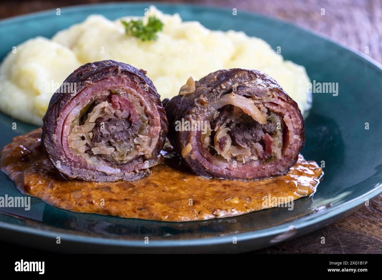 German meat roulade in a casserole Stock Photo