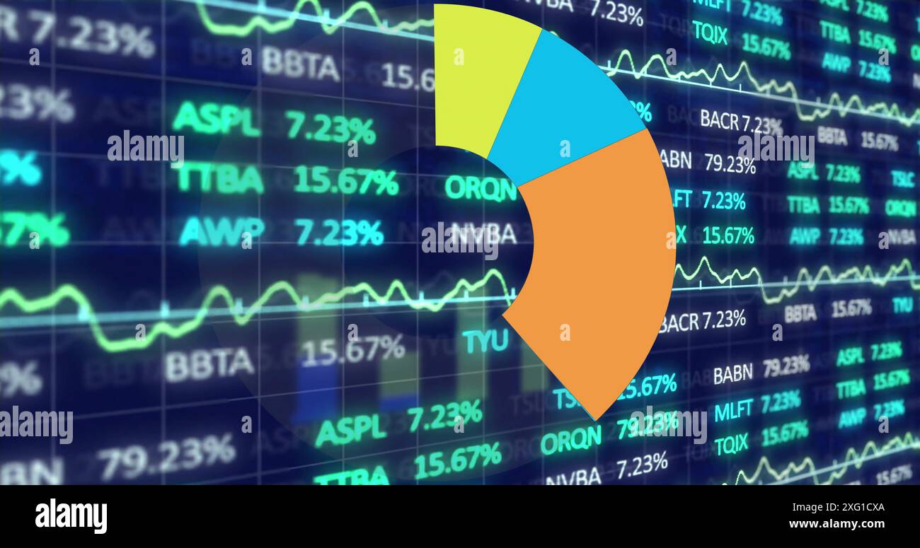 Image of financial data processing and pie chart on dark background Stock Photo