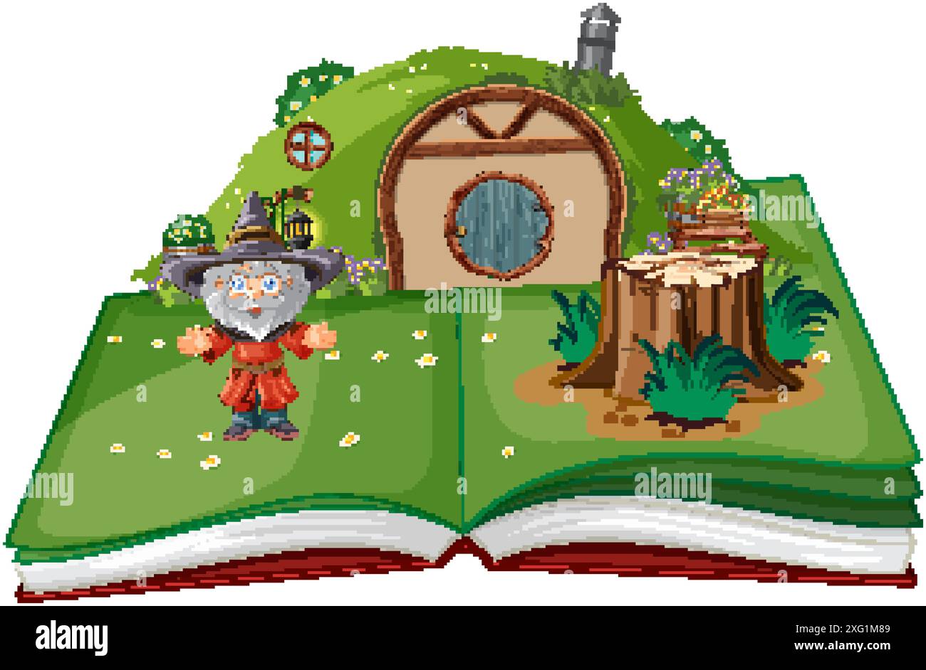 Wizard standing by a hobbit house Stock Vector