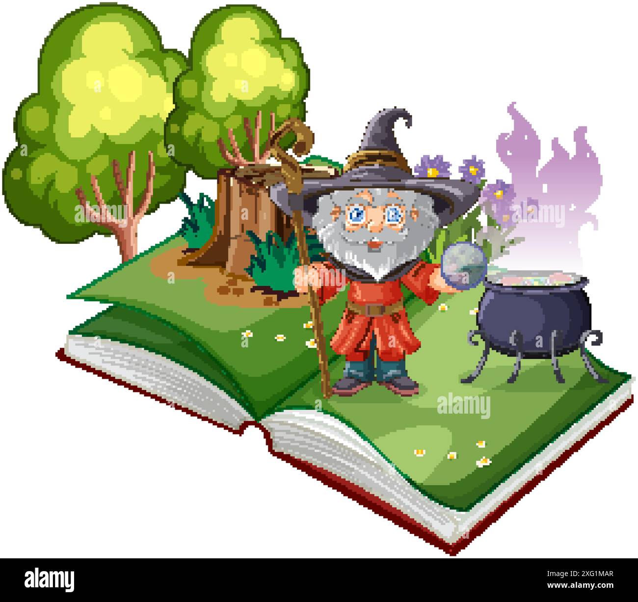 Wizard conjuring magic in an open book Stock Vector Image & Art - Alamy