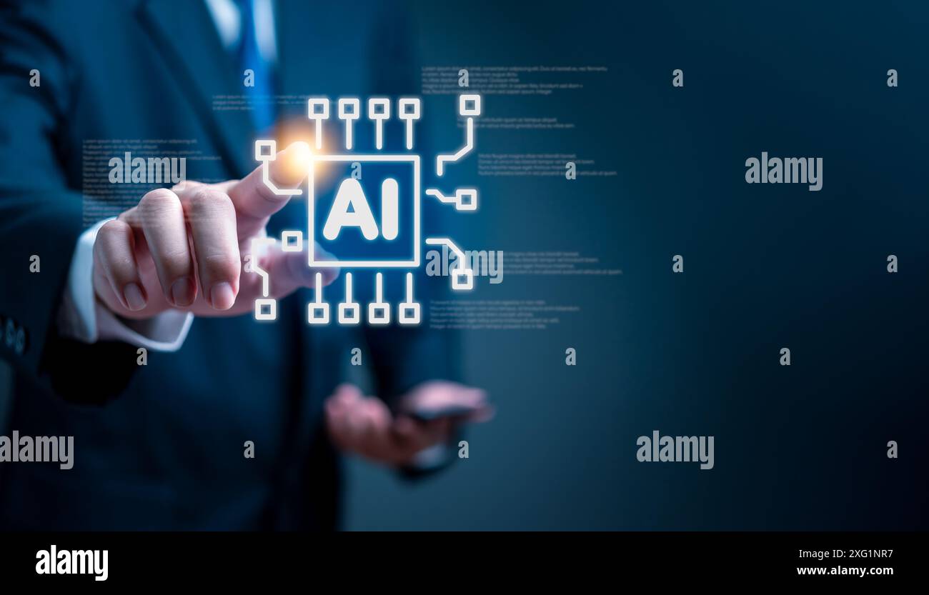 Businessman interacting with AI digital interface. Technology innovation in corporate environment. Artificial intelligence, smart data concept. Future Stock Photo
