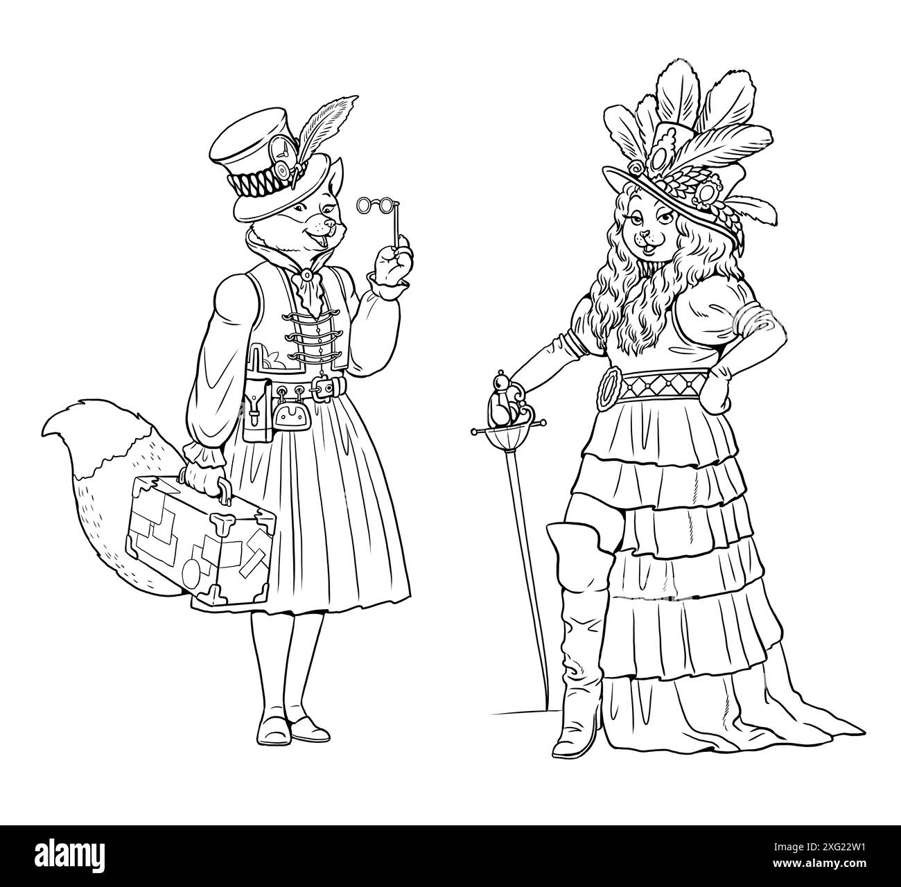 Handmade drawing with a vixen and cat in steampunk clothes. Coloring page with funny steampunk characters. Stock Photo