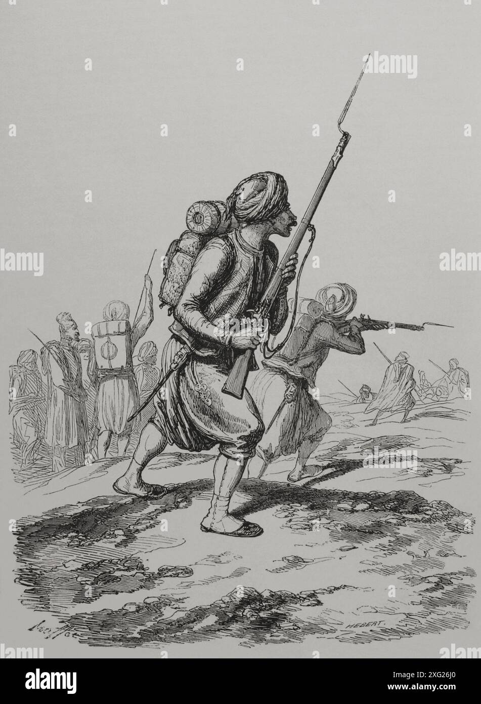 Crimean War (1853-1856). The Zouaves in the Crimea. Infantry regiments of the French army whose members were originally from Algeria. Engraving. 'Los Héroes y las Grandezas de la Tierra' (The Heroes and the Grandeurs of the Earth). Volume VIII. 1856. Stock Photo