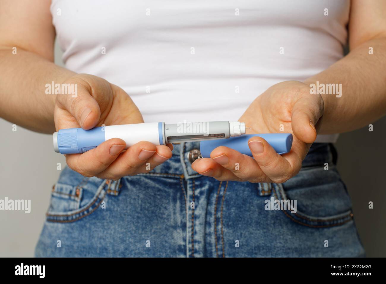 Diabetes blue Insulin or Semaglutide Injection pen closeup. Semaglutide ...