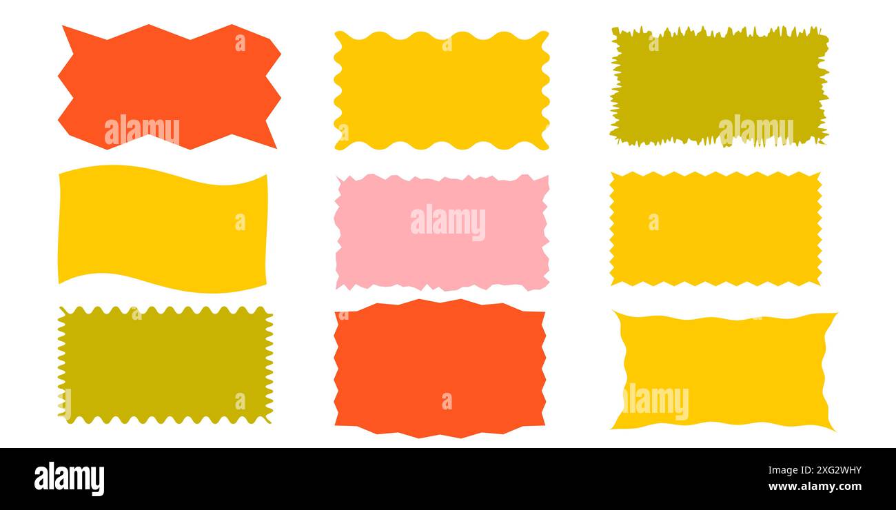 Squiggle  frames set. Jaggered edges, retro scallop frames, psychedelic rectangles, groovy shapes set Stock Vector