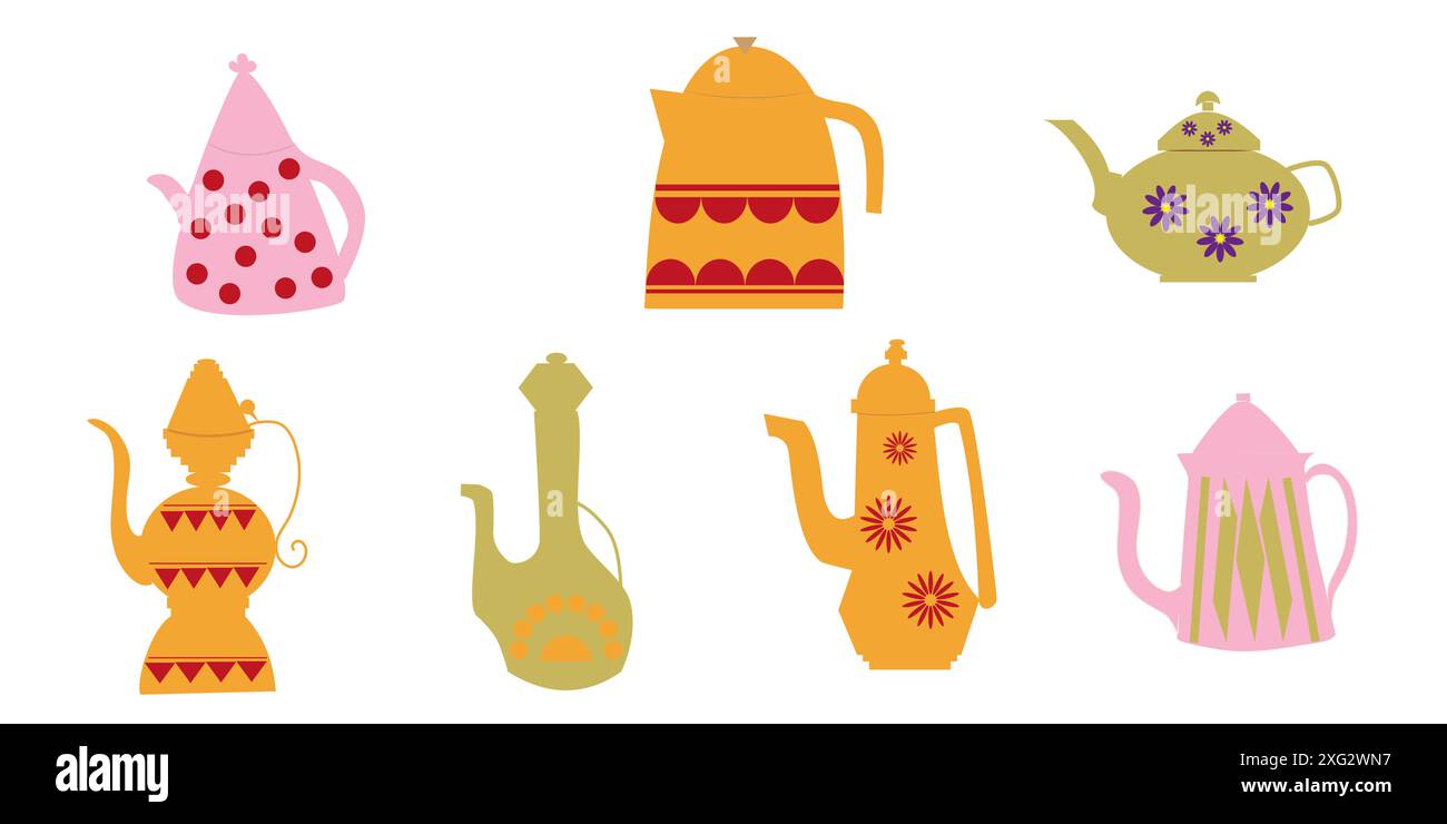 Set of isolated pink, orange, green teapots vector. Flat design. Stock Vector