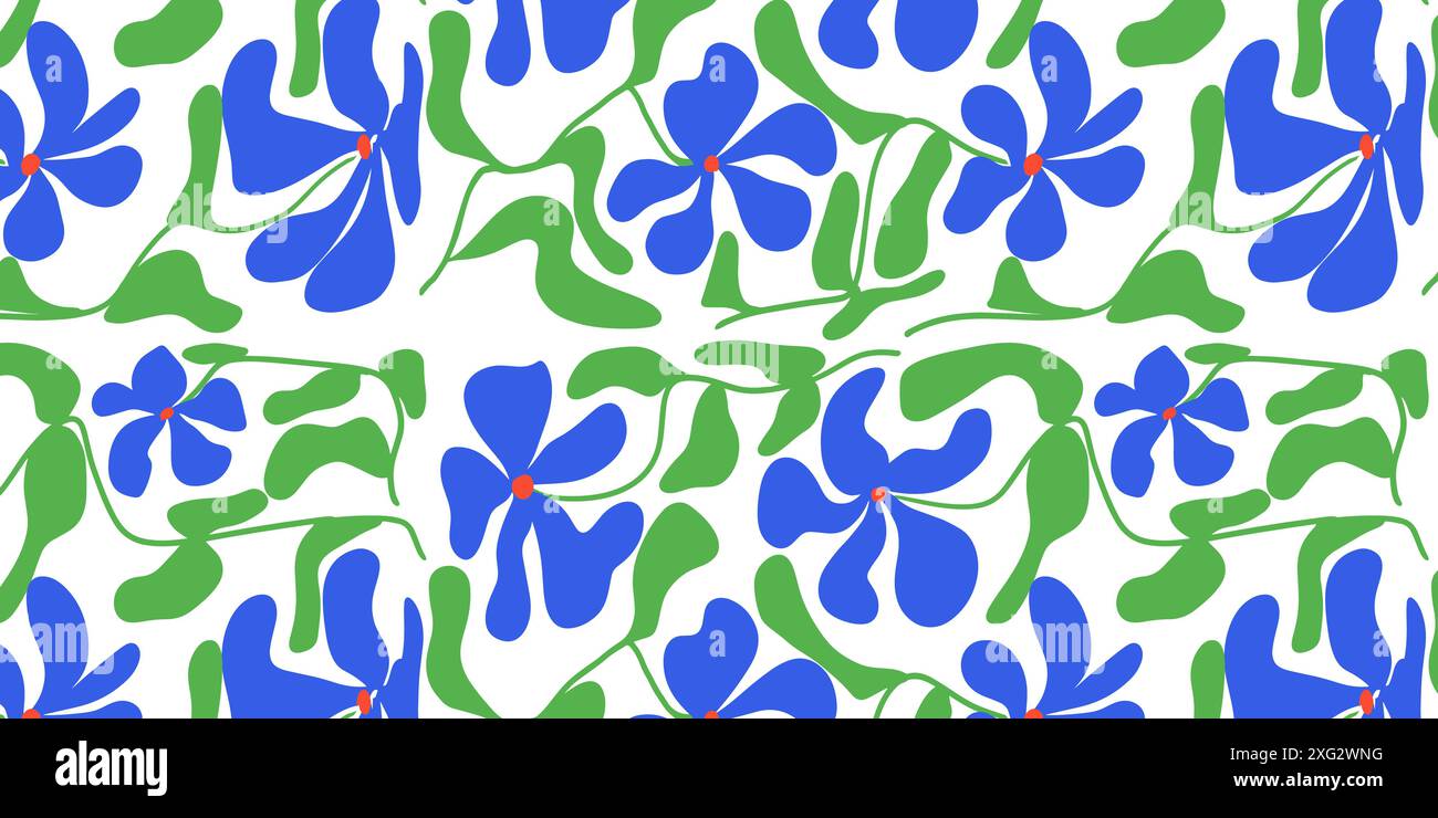 Seamless pattern with blue flowers, groovy, modern flat fabric. Stock Vector