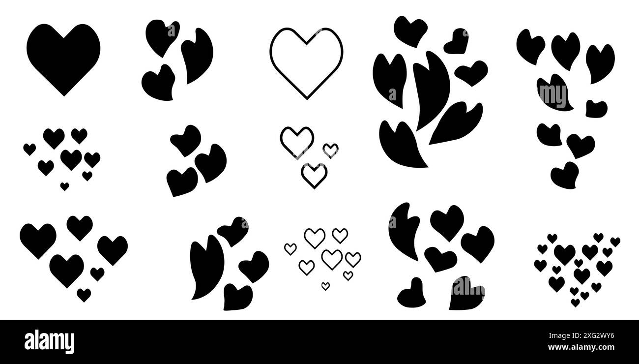 Set of hearts shapes isolated in black color. Symbol for date, wedding ...