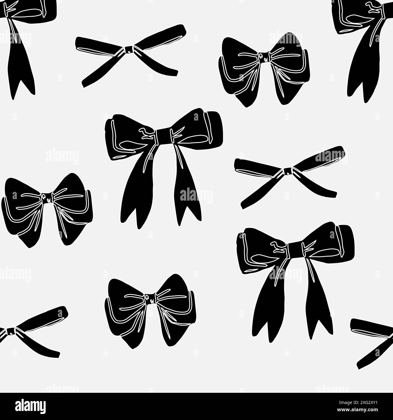 Various black  bow knots pattern, tie ups, gift bows. Hand drawn Vector. Stock Vector
