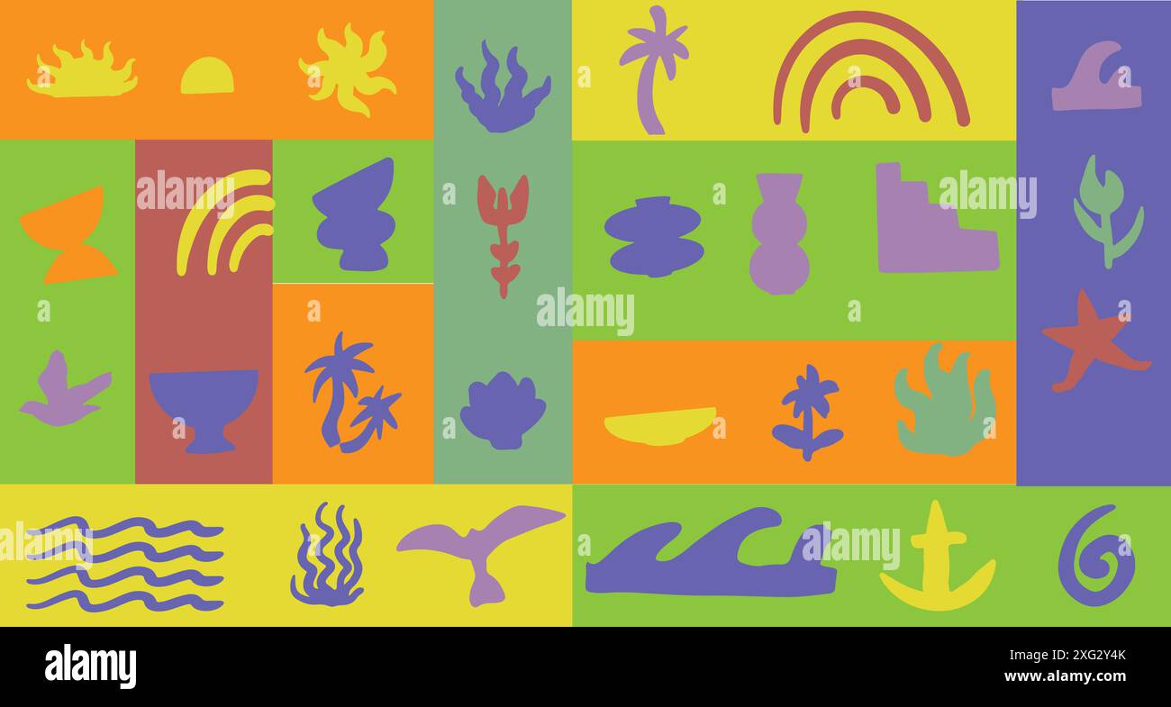 Boho groovy stickers.  Vector illustration background in trendy retro naive simple style. Stock Vector