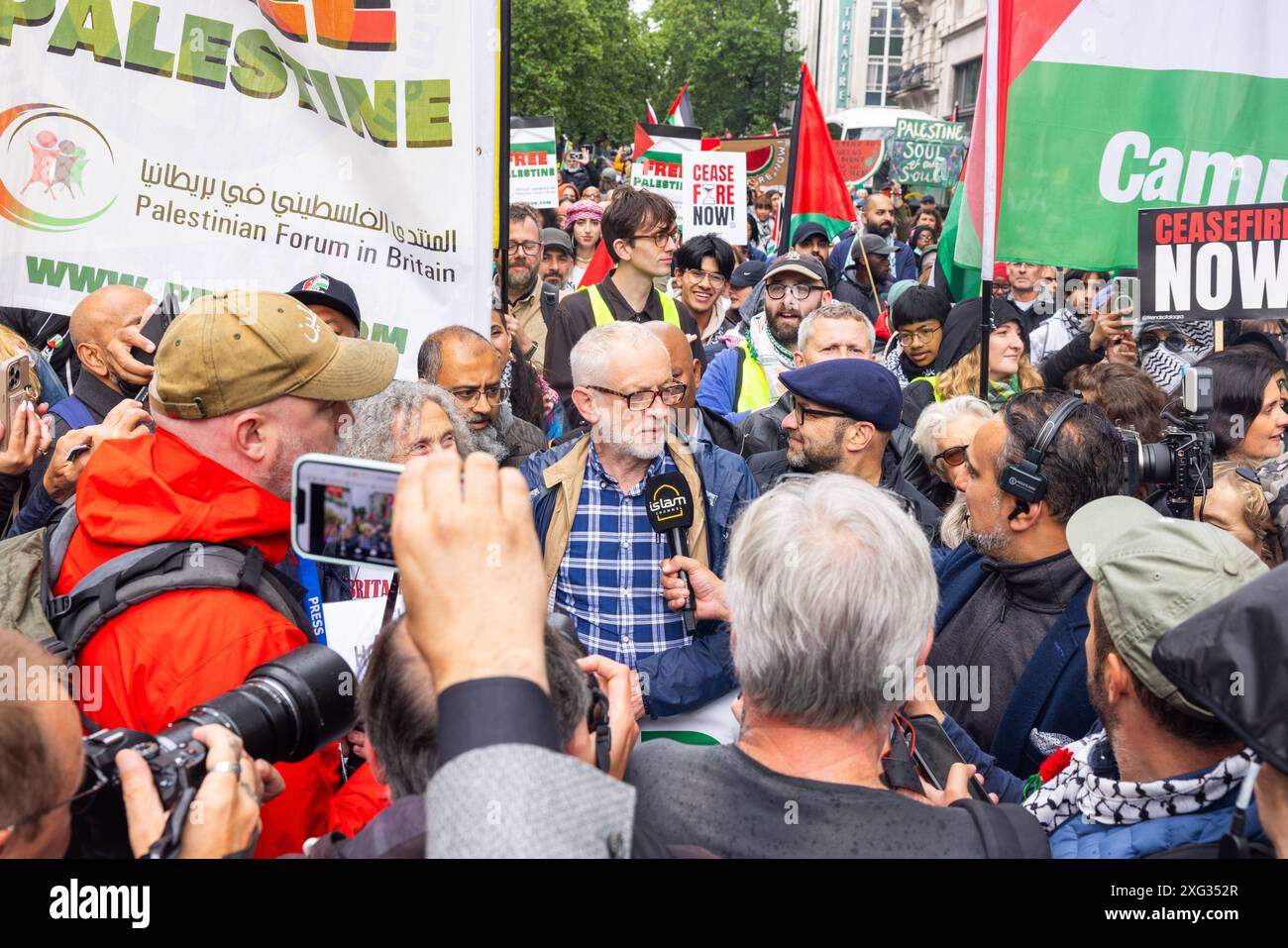 London, UK. 06 JUL, 2024. Jeremy Corbyn speaks to media At front of the National March for Palestine organised by the Palestine Solidarity Campaign, this was the first march since the UK general election. Credit Milo Chandler/Alamy Live News Stock Photo
