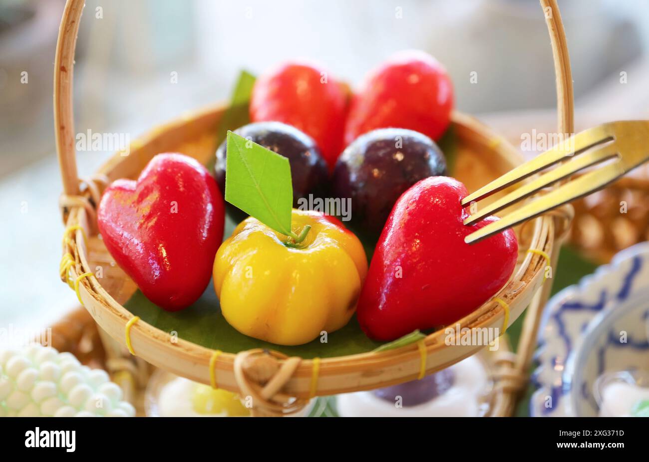 Mini Fruits and Vegetables Shaped Thai Style Marzipan Called Kanom Look Choup, a Famous Thai Traditional Dessert Stock Photo