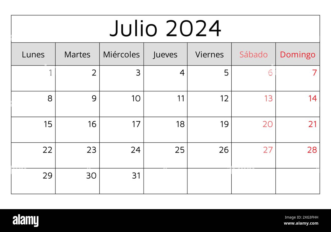 July 2024 SPANISH calendar (Julio). Vector illustration. Monthly