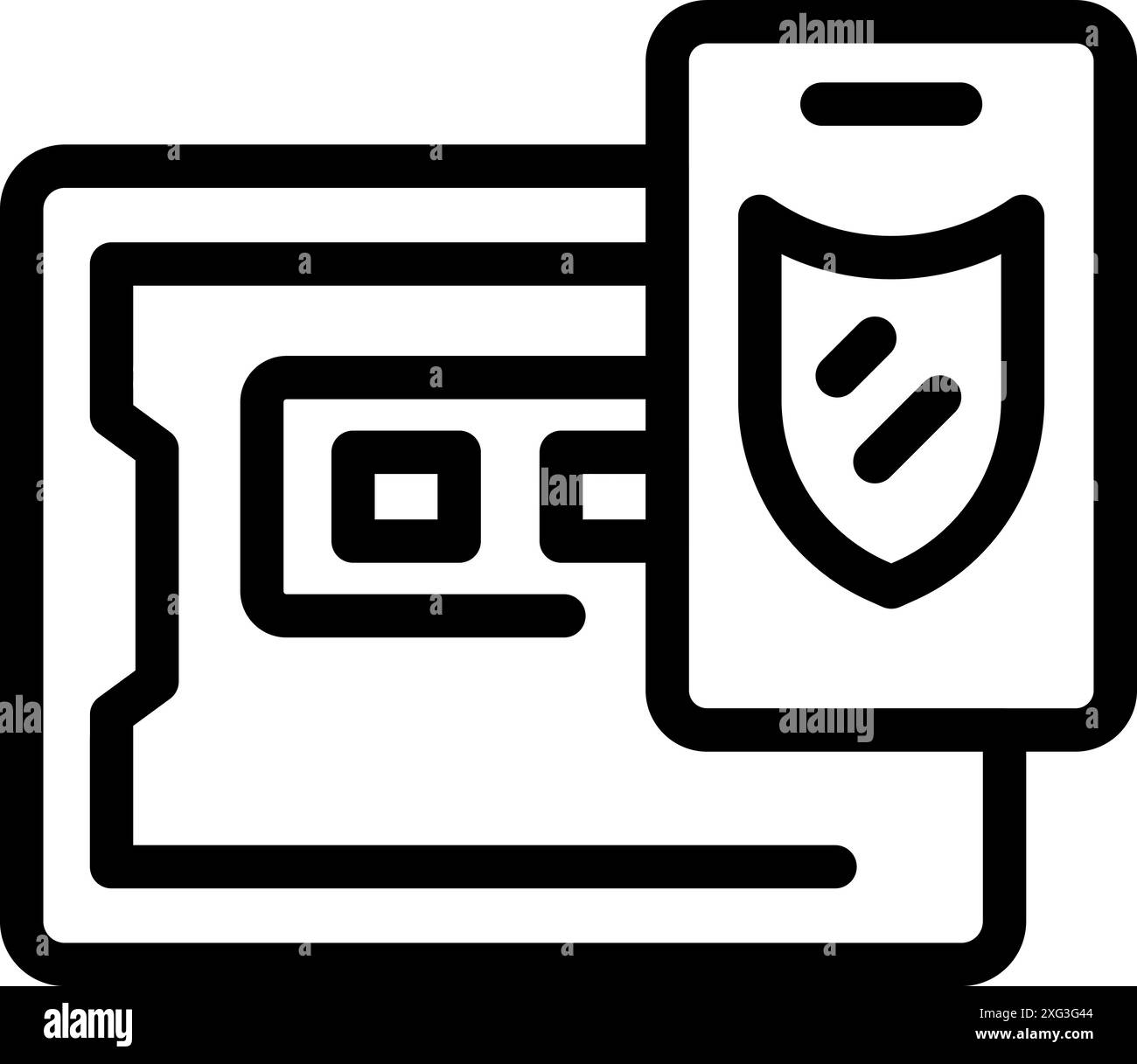 Line art icon style depicting a credit card being protected by a shield, symbolizing online payment security Stock Vector