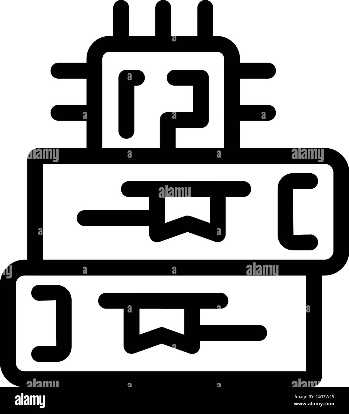 Microchip standing on books representing artificial intelligence learning its abilities from studying Stock Vector