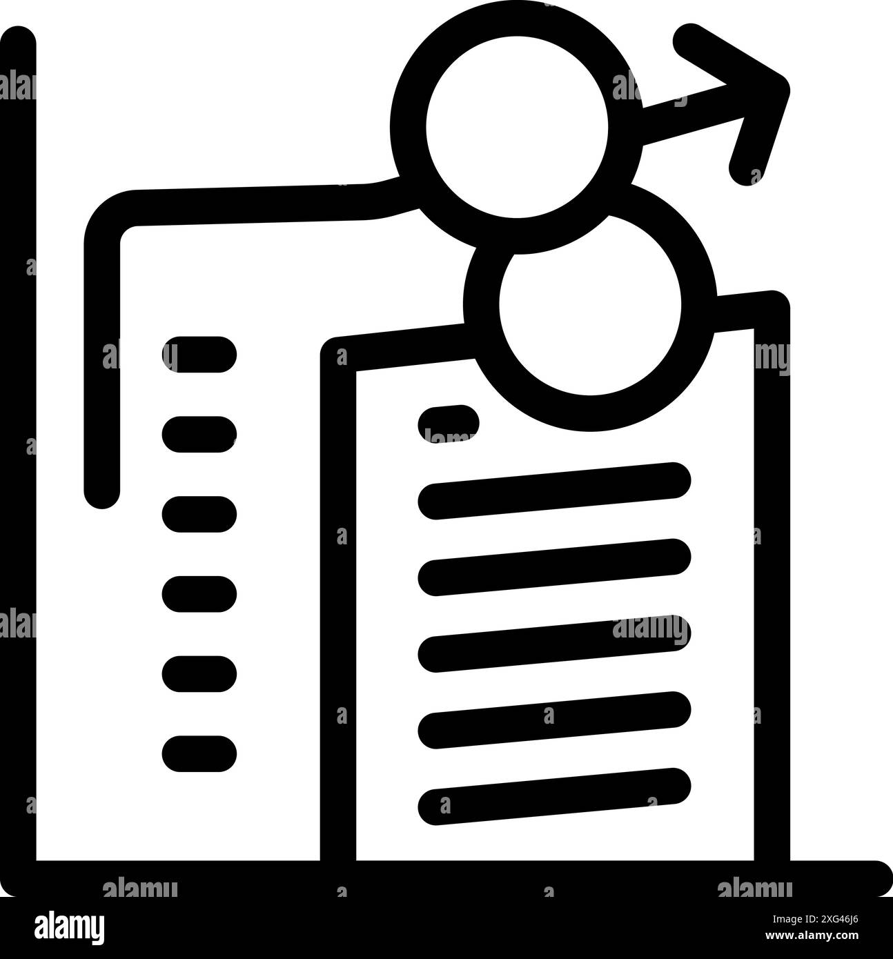 Line drawing of a male and female gender sign connecting buildings