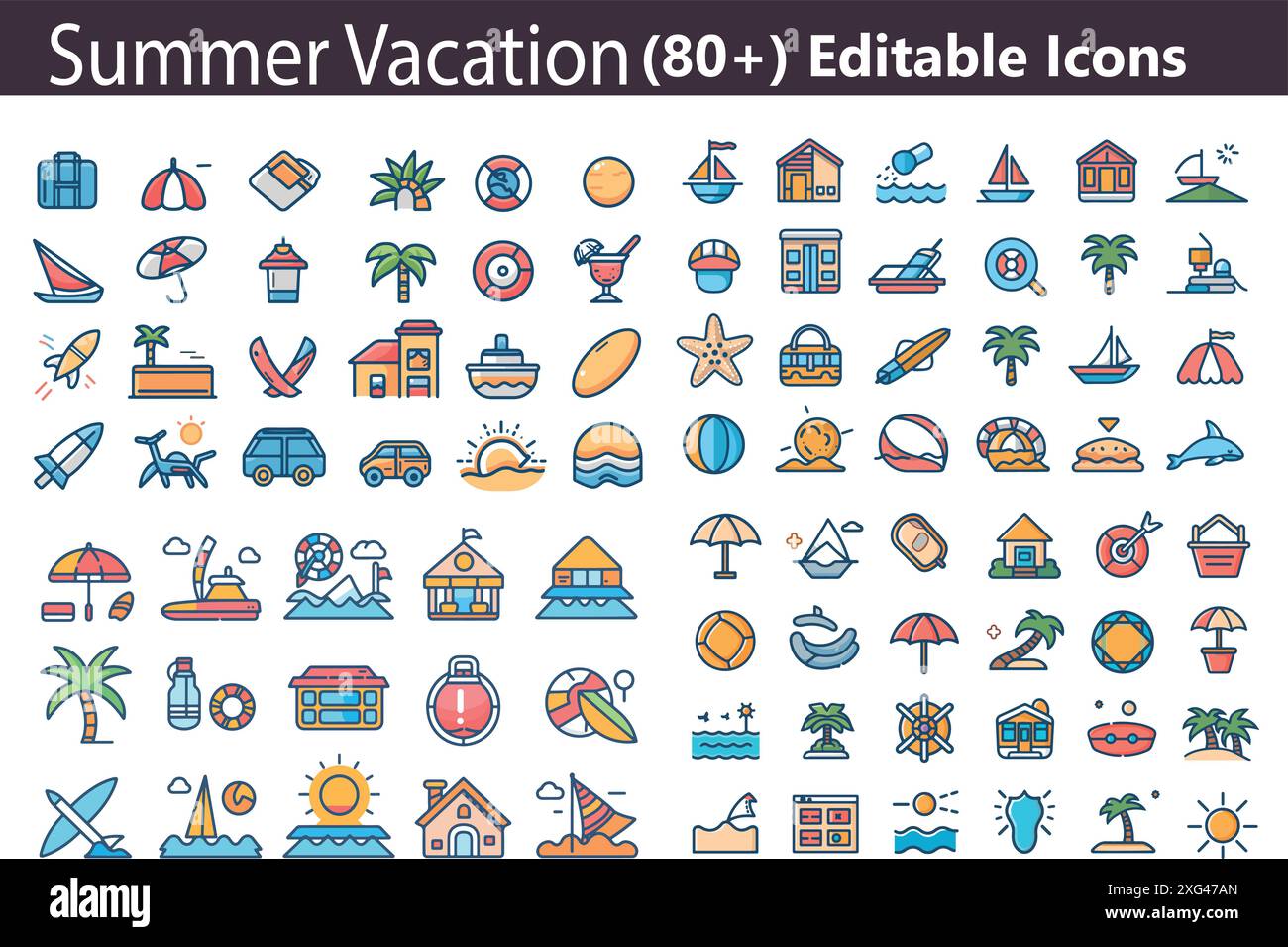 Summer Vacation colorful Editable Icons set Vector illustration Stock ...