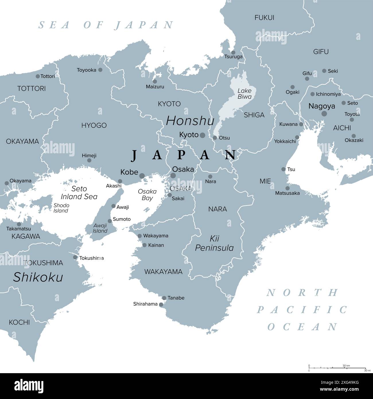 Kansai region, or the Kinki region in Japan, gray political map. Southern-central region of the main island Honshu. Stock Photo