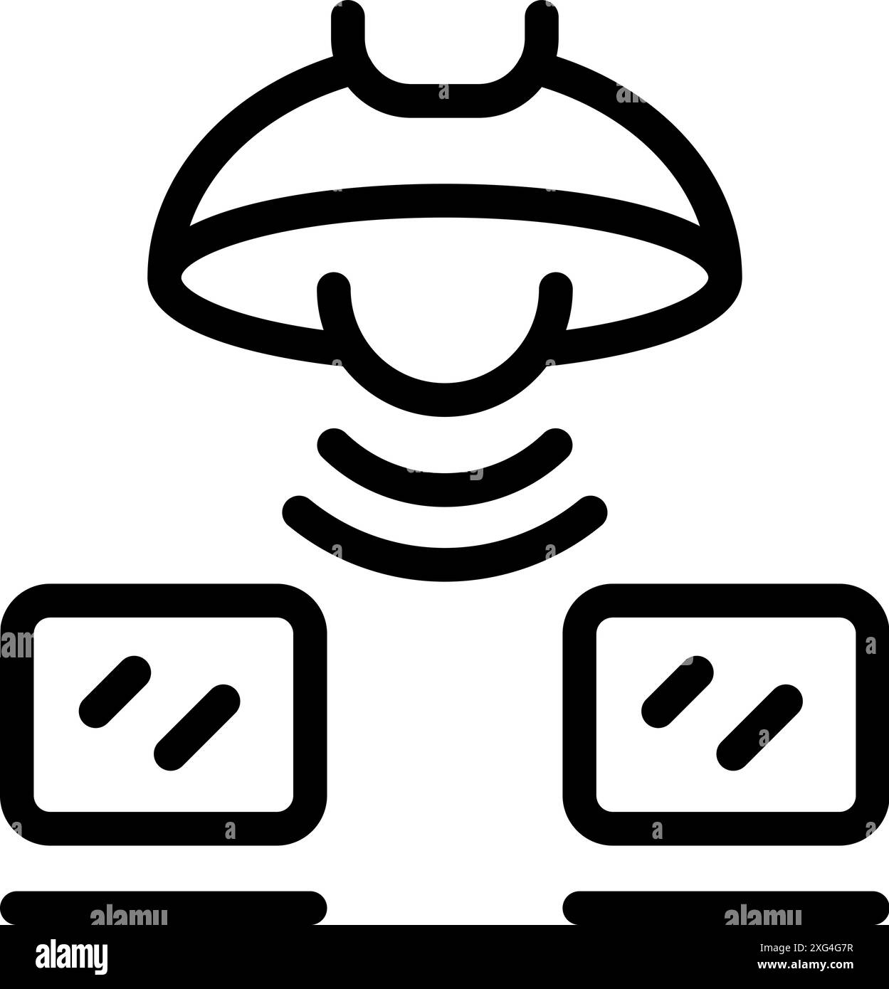 Virtual reality headset is connecting to two computers, creating an immersive experience Stock Vector