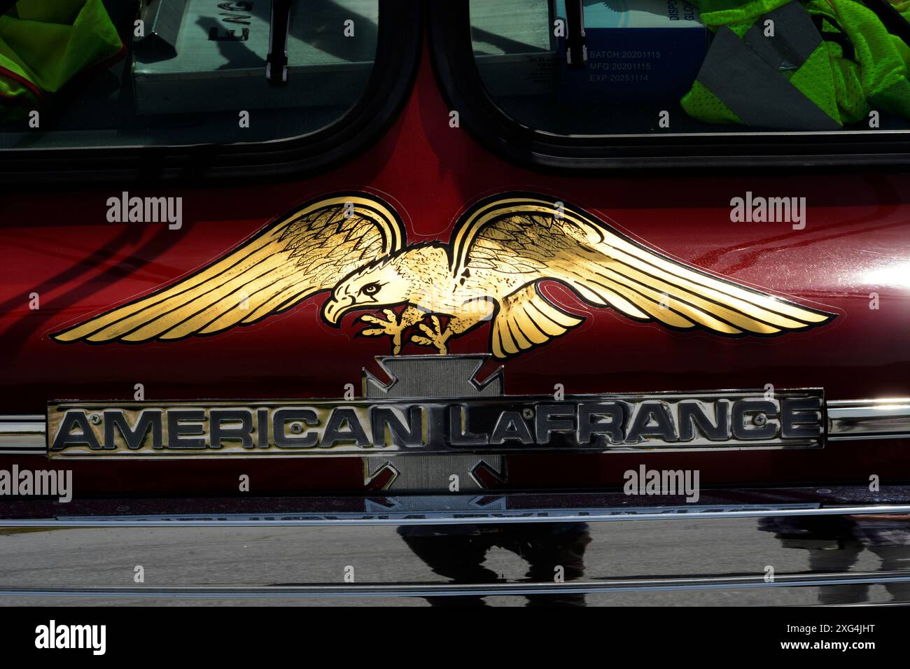 The eagle logo of the American LaFrance company, an American manufacturer of fire engines and ladder trucks. Stock Photo