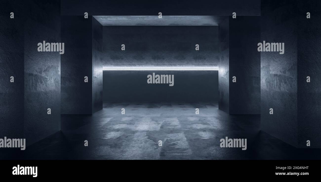 A dark, concrete hallway with a single line of light illuminating the ...