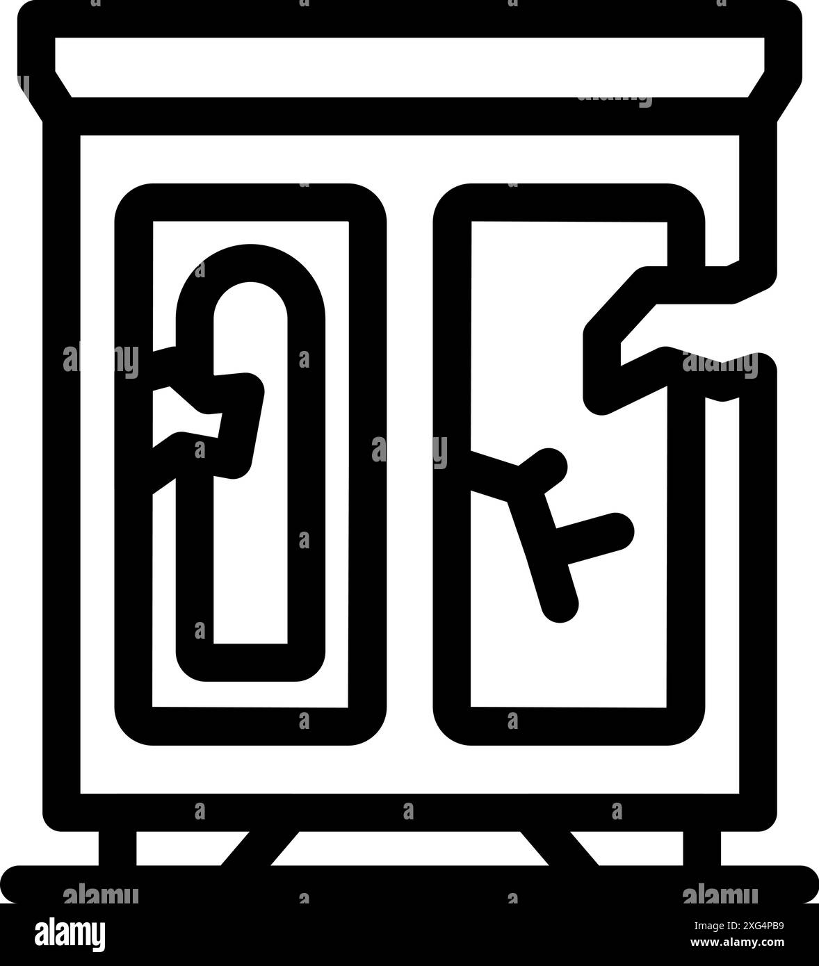 Old broken cabinet with shattered glass doors showing poverty and abandonment Stock Vector