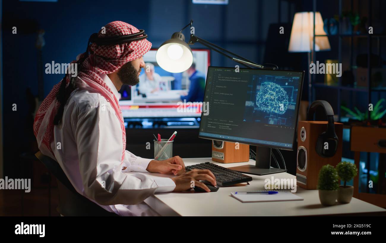 Knowledgeable data scientist updating neural networks, writing complex binary code scripts. Certified teleworking freelancer in home office uses digital device programming to upgrade AI Stock Photo