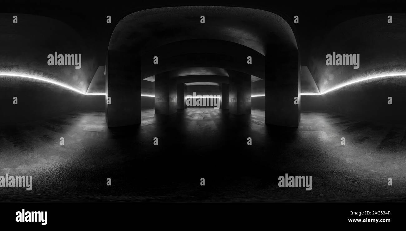 A 360-degree spherical panorama shows a dark concrete room with a smooth, gray floor. White neon lights are mounted on the ceiling, illuminating the s Stock Photo