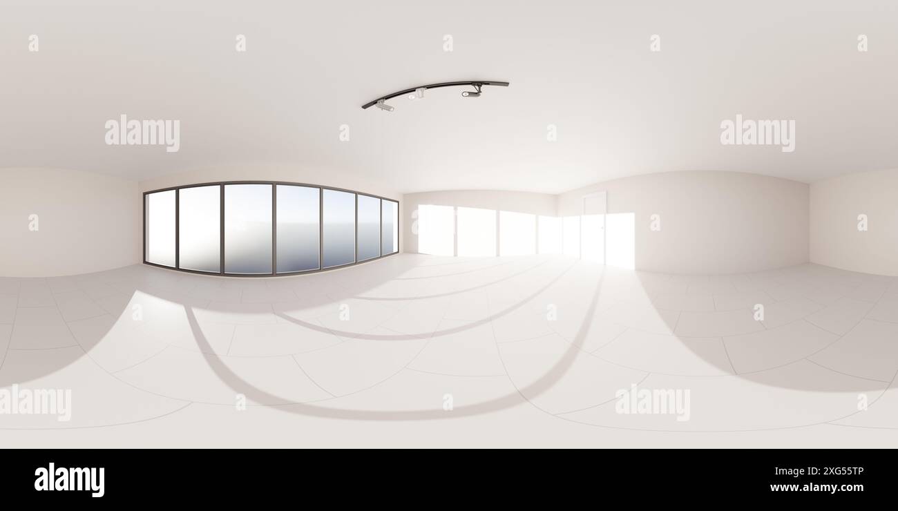 360 degree panorama of a modern, empty room with large windows and ...