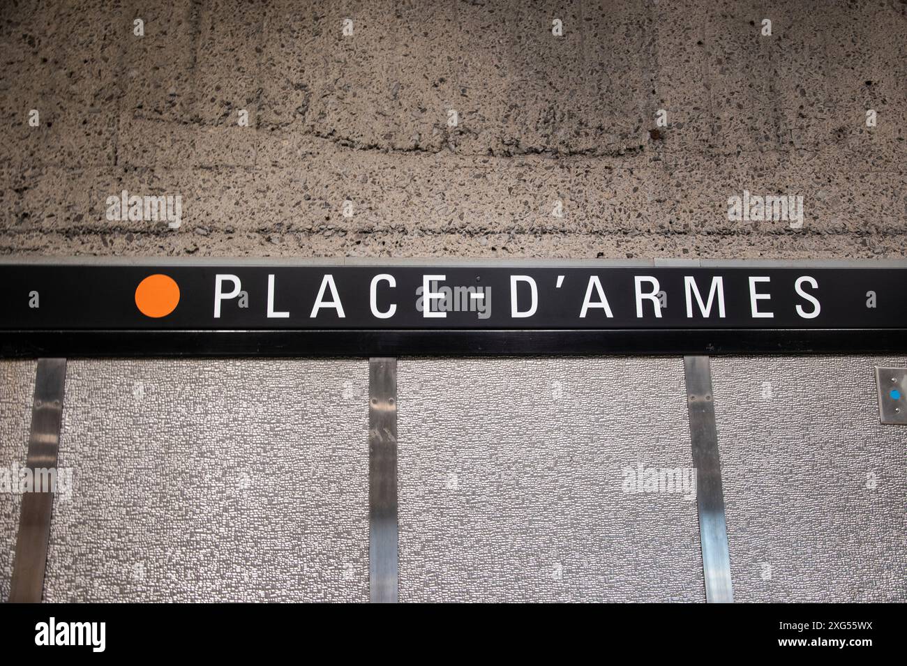 Place-D'Armes Metro station sign in Montreal, Quebec, Canada Stock ...