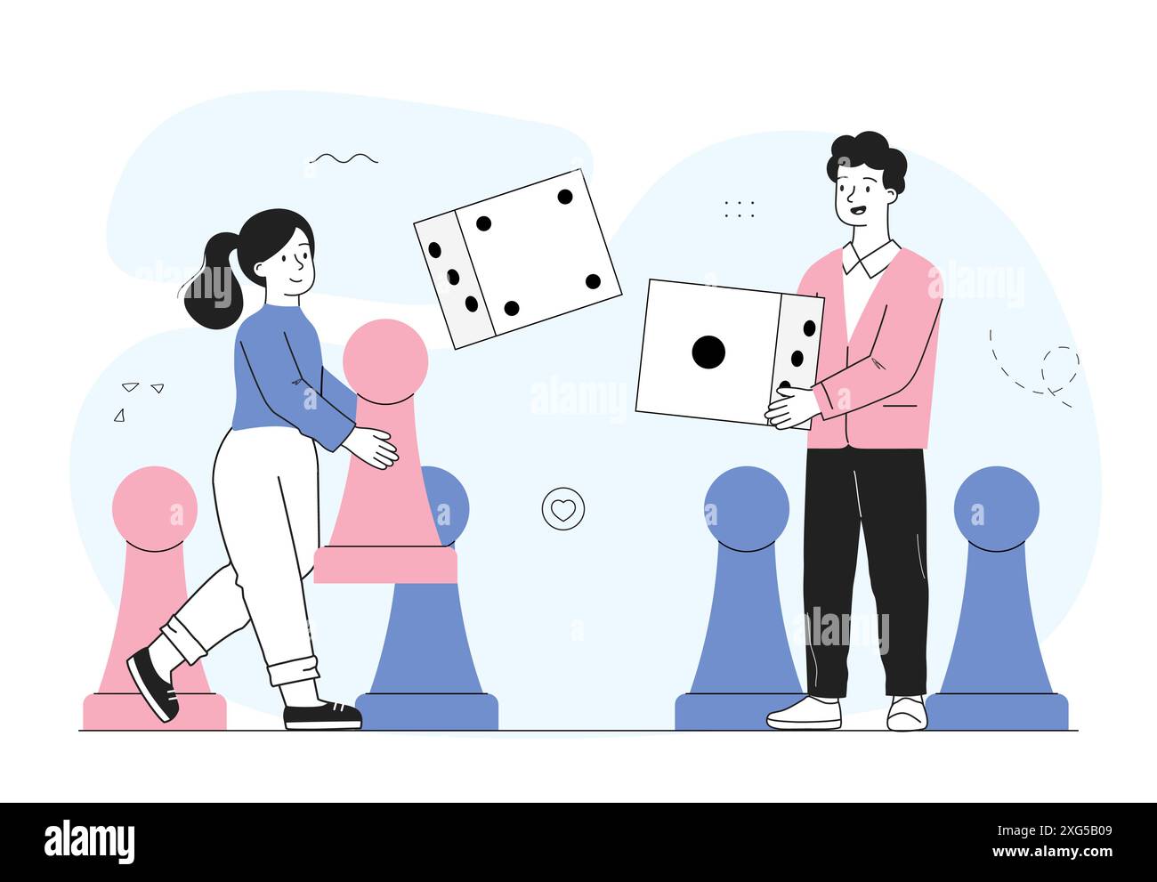 People with board game. Man and woman with dice and chess pieces. Entertainment and leisure indoors. Friends spending time together. Linear vector Stock Vector