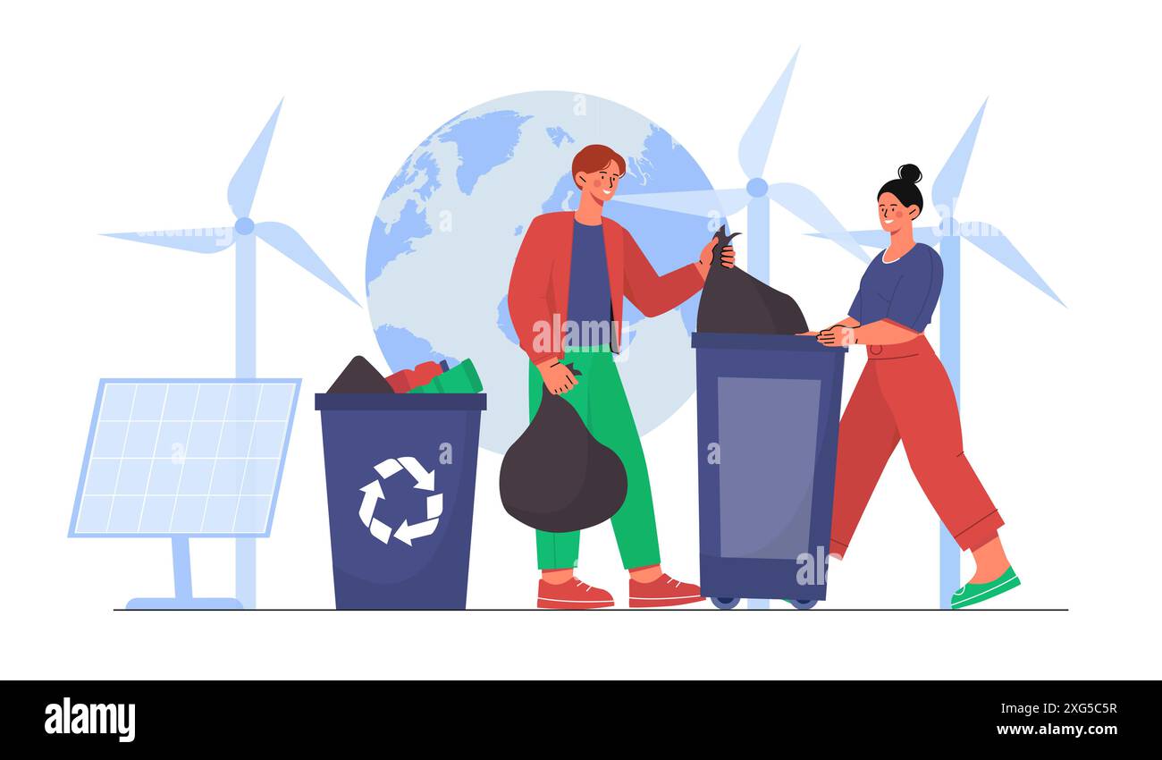 Reduce Garbage Image Waste processing concept. Man and woman with garbage bags near ...