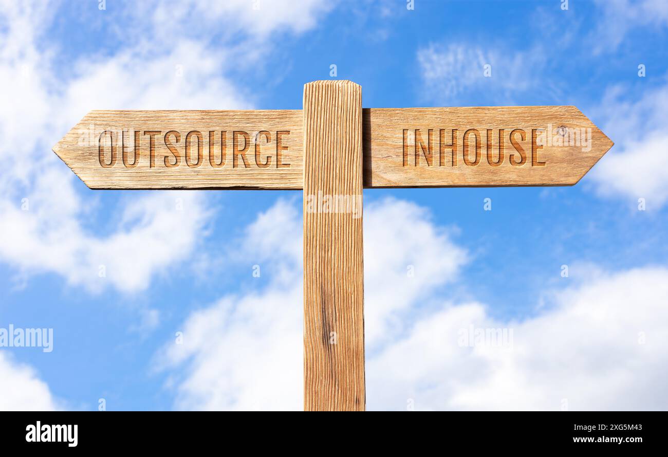 Outsource or inhouse concept. Wooden signpost with message on sky background Stock Photo
