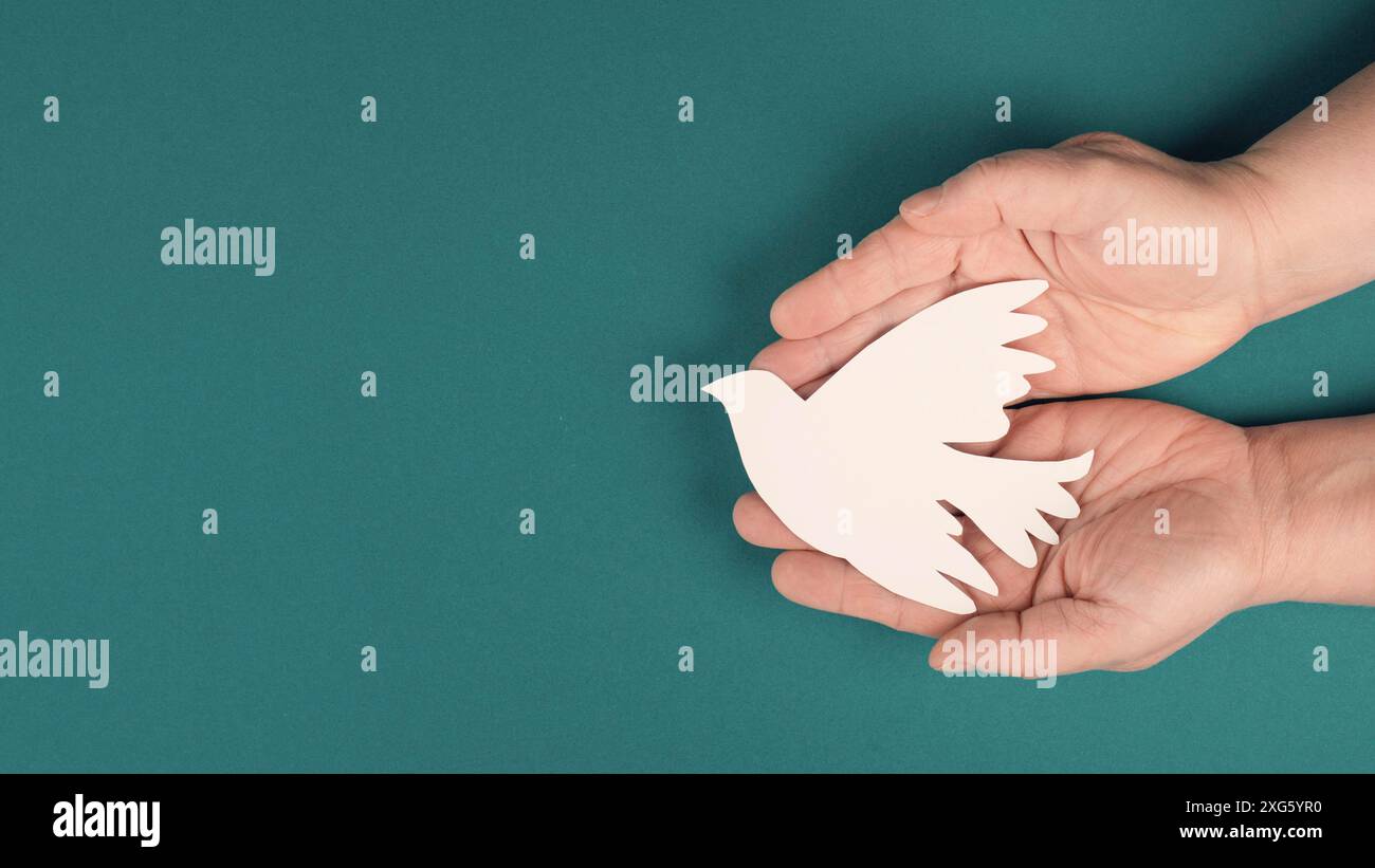 Holding a white dove in the hands, symbol of peace, paper cut out, copy space for text Stock Photo