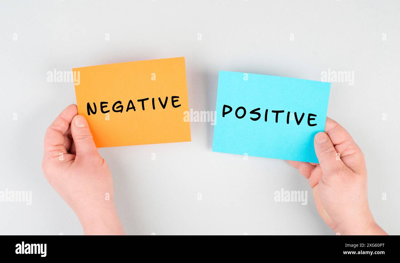 The words negative and positive are standing on paper, business and ...