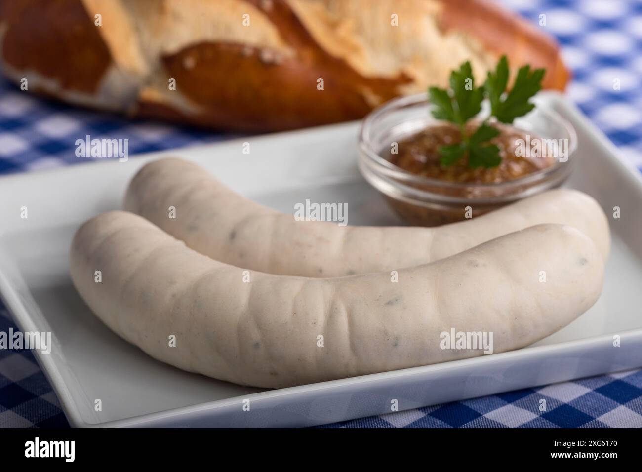 Bavarian white sausages on a plate Stock Photo
