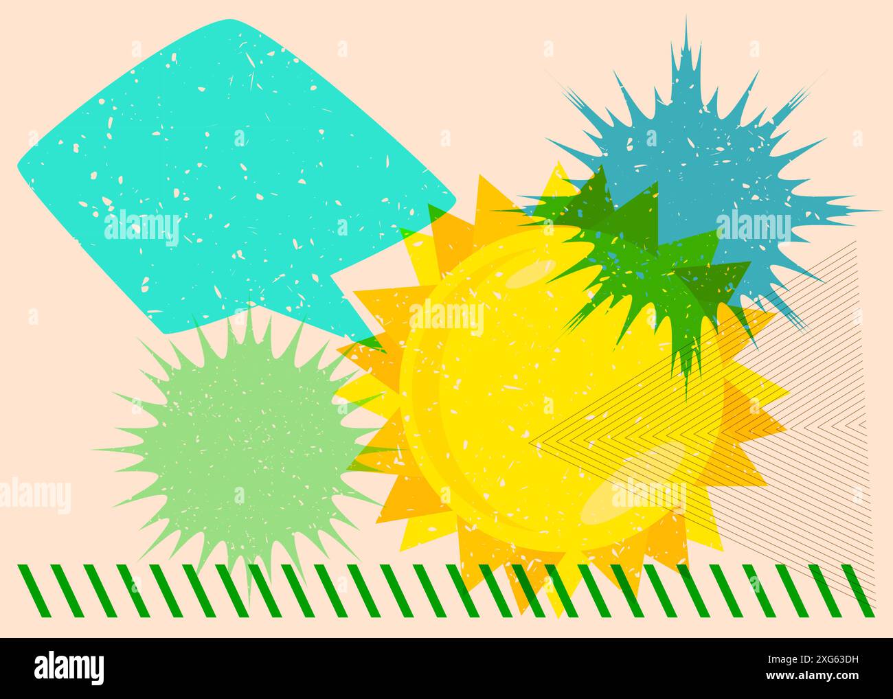 Risograph Summer Sun with speech bubble with geometric shapes. Objects in trendy riso graph print texture style design with geometry elements. Stock Vector