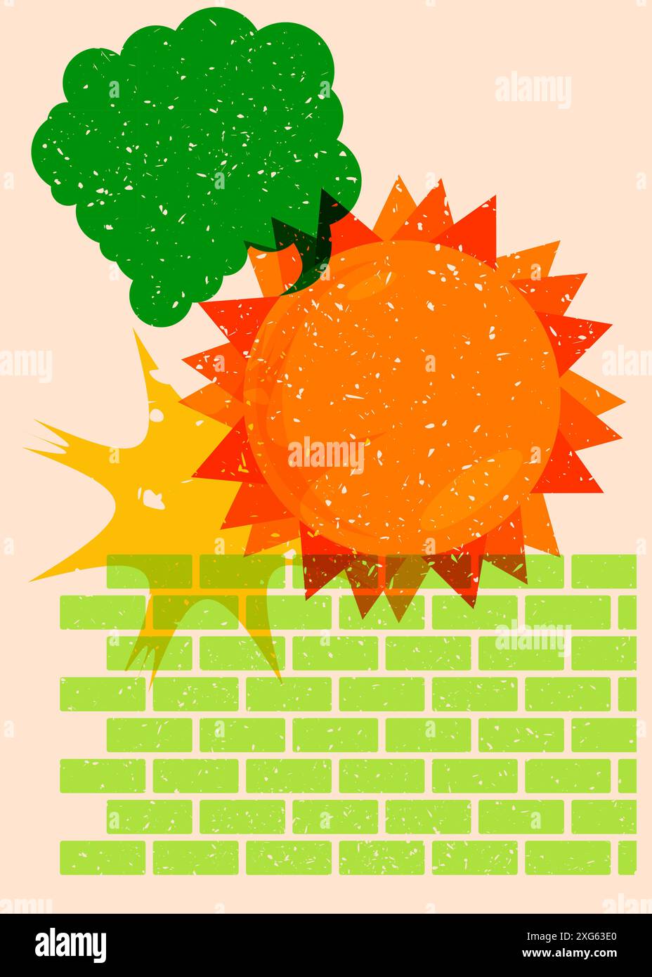 Risograph Summer Sun with speech bubble with geometric shapes. Objects in trendy riso graph print texture style design with geometry elements. Stock Vector