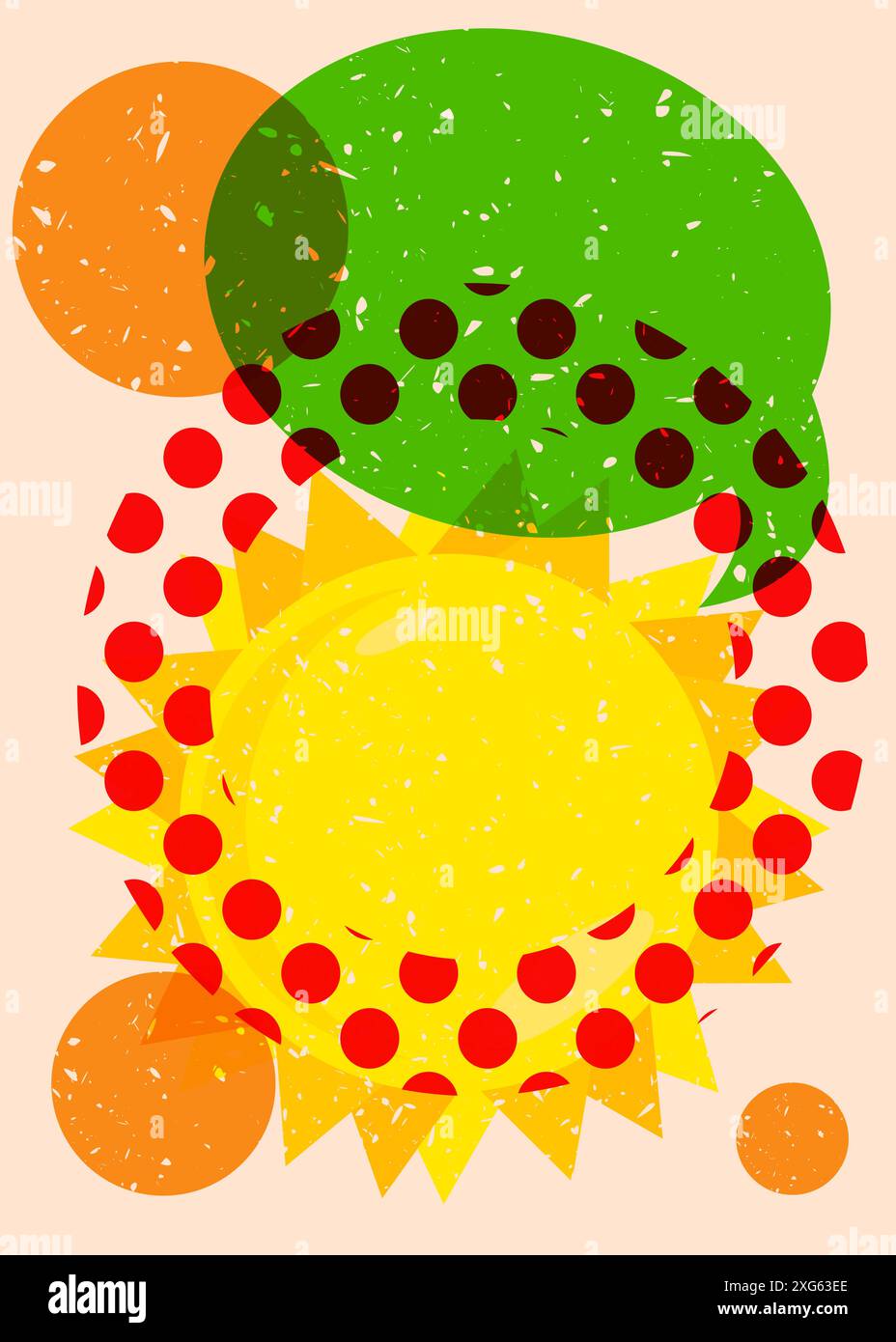 Risograph Summer Sun with speech bubble with geometric shapes. Objects in trendy riso graph print texture style design with geometry elements. Stock Vector