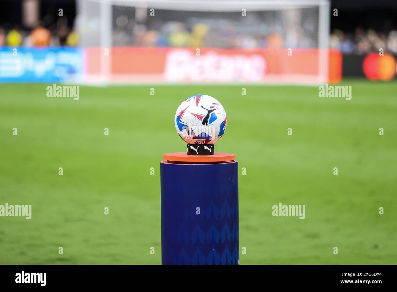 Las Vegas, NV, USA. 06th July, 2024. A soccer ball rests on a pedestal prior to the start of the CONMEBOL Copa America Quarterfinals match at Allegiant Stadium between Uruguay and Brazil on July 06, 2024 in Las Vegas, NV. Christopher Trim/CSM (Credit Image: © Christopher Trim/Cal Sport Media). Credit: csm/Alamy Live News Stock Photo