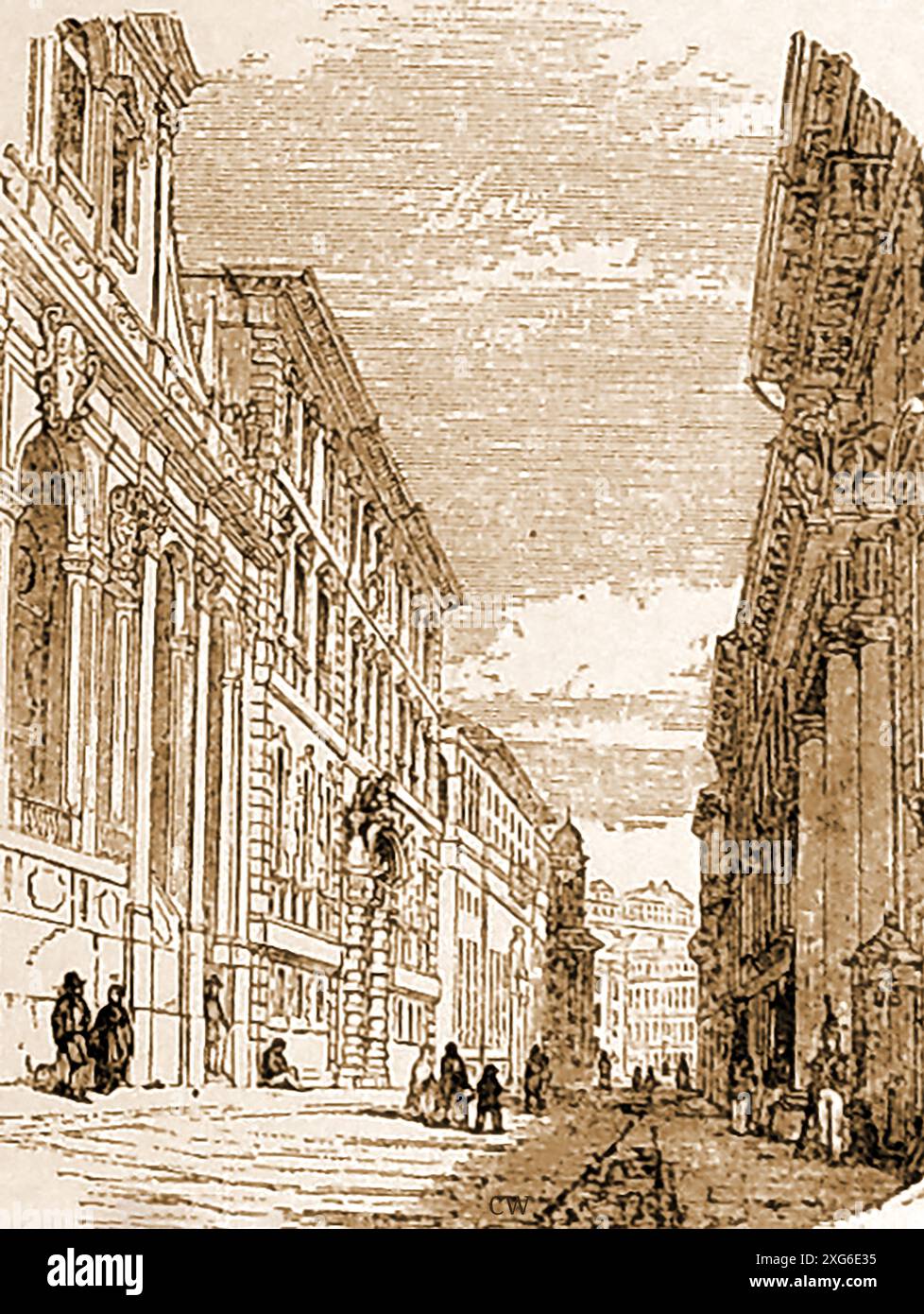 A 19th century engraving showing the Strada Balbi (Via Balbi) in Genoa, Italy. It was  built between 1602 and 1620 as a cooperation between the city authorities and the Balbi family -Un'incisione del XIX secolo che mostra la Strada Balbi a Genova, Italia . Fu costruito tra il 1602 e il 1620 grazie alla collaborazione tra le autorità cittadine e la famiglia Balbi. - Stock Photo