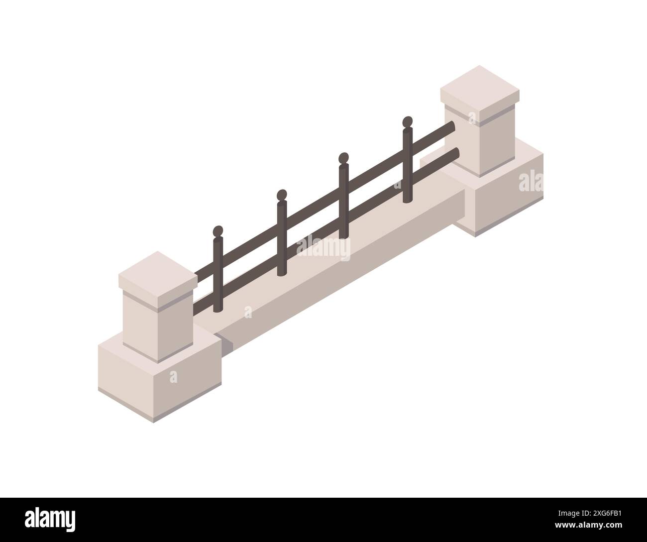 Concrete fence with sturdy posts and steel railing. Simple isometric ...