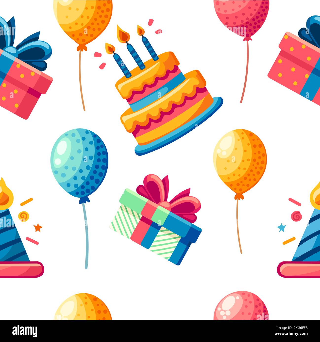 Seamless pattern greetings card design with birthday cake balloons and ...
