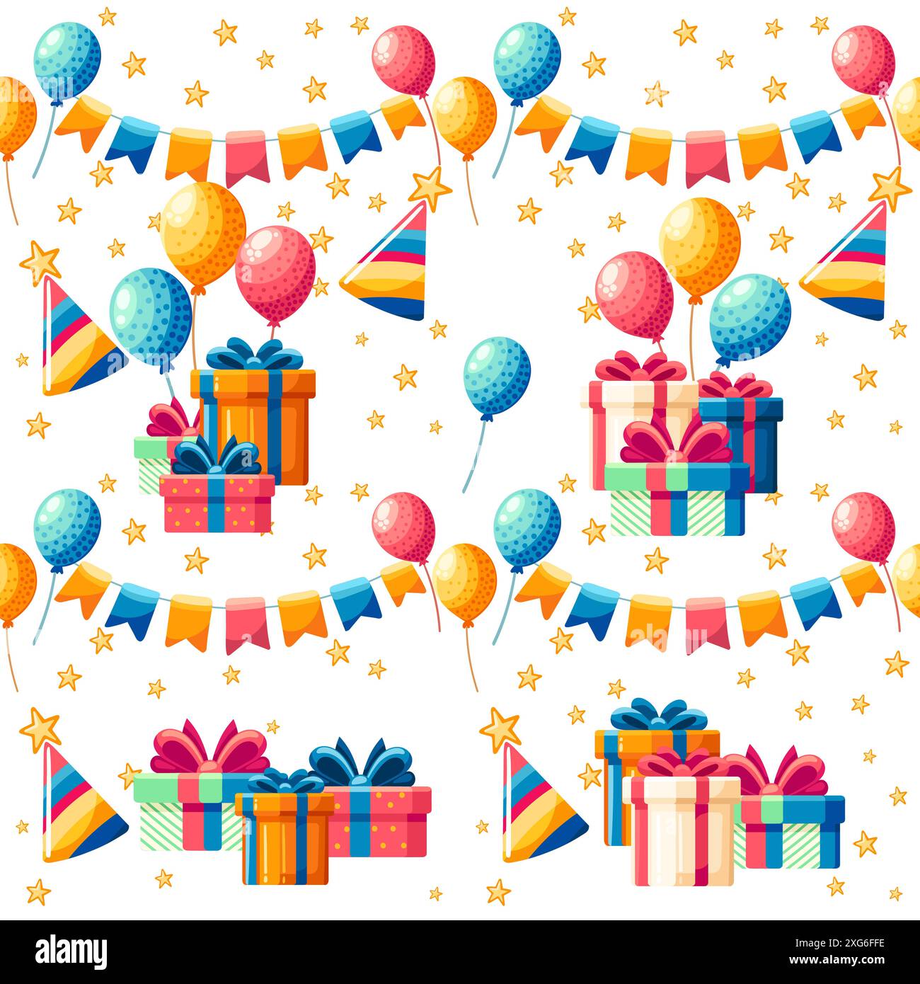 Seamless pattern greetings card design with birthday cake balloons and ...