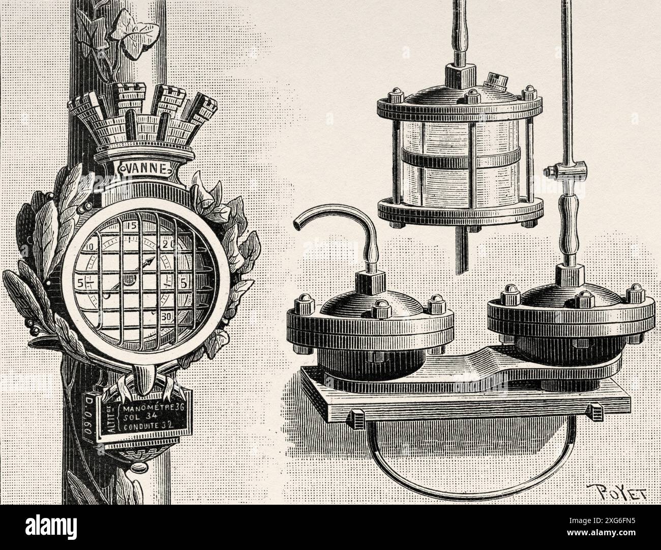 Permanent published pressure gauge, placed on gas jets, in Paris, to facilitate the search for leaks and the control of water distribution operations. Old 19th century engraved illustration from La Nature 1886 Stock Photo