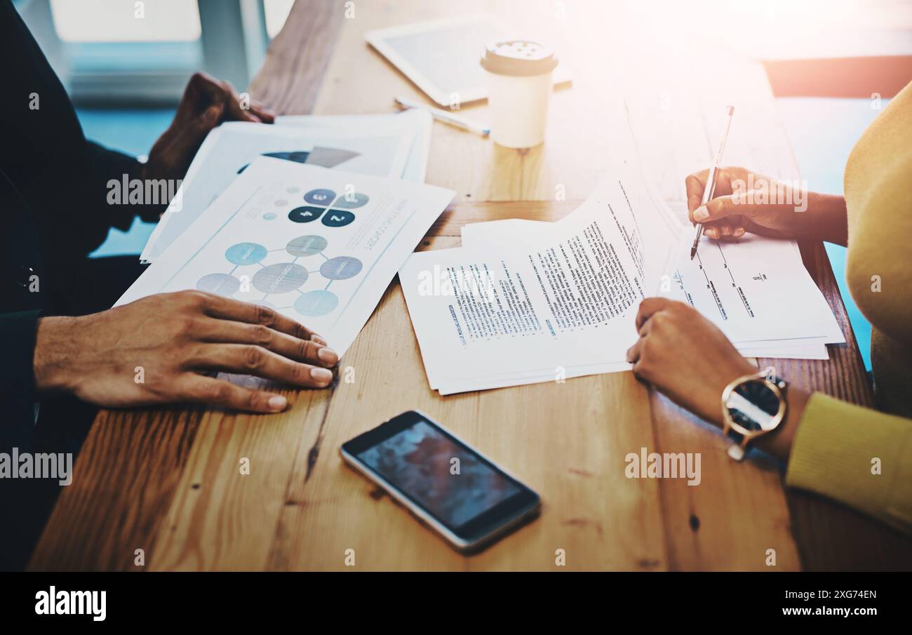 Business people, hands and meeting with signature documents, partners ...