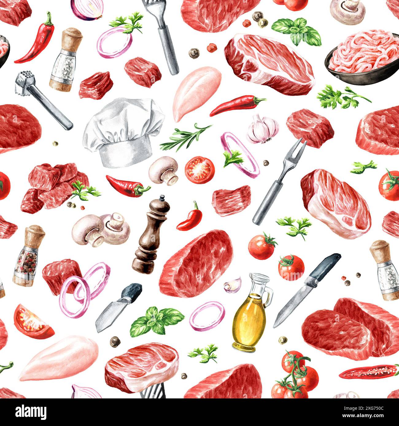 Fresh raw beef steak seamless pattern. Cooking food backdrop. Hand ...