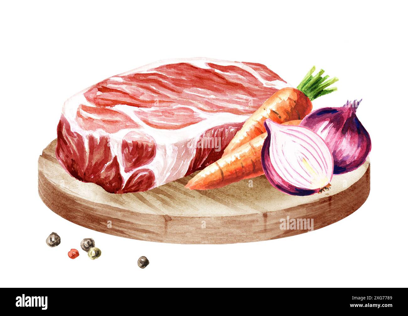 Raw beef steakes, food cooking concepts. Hand drawn watercolor ...