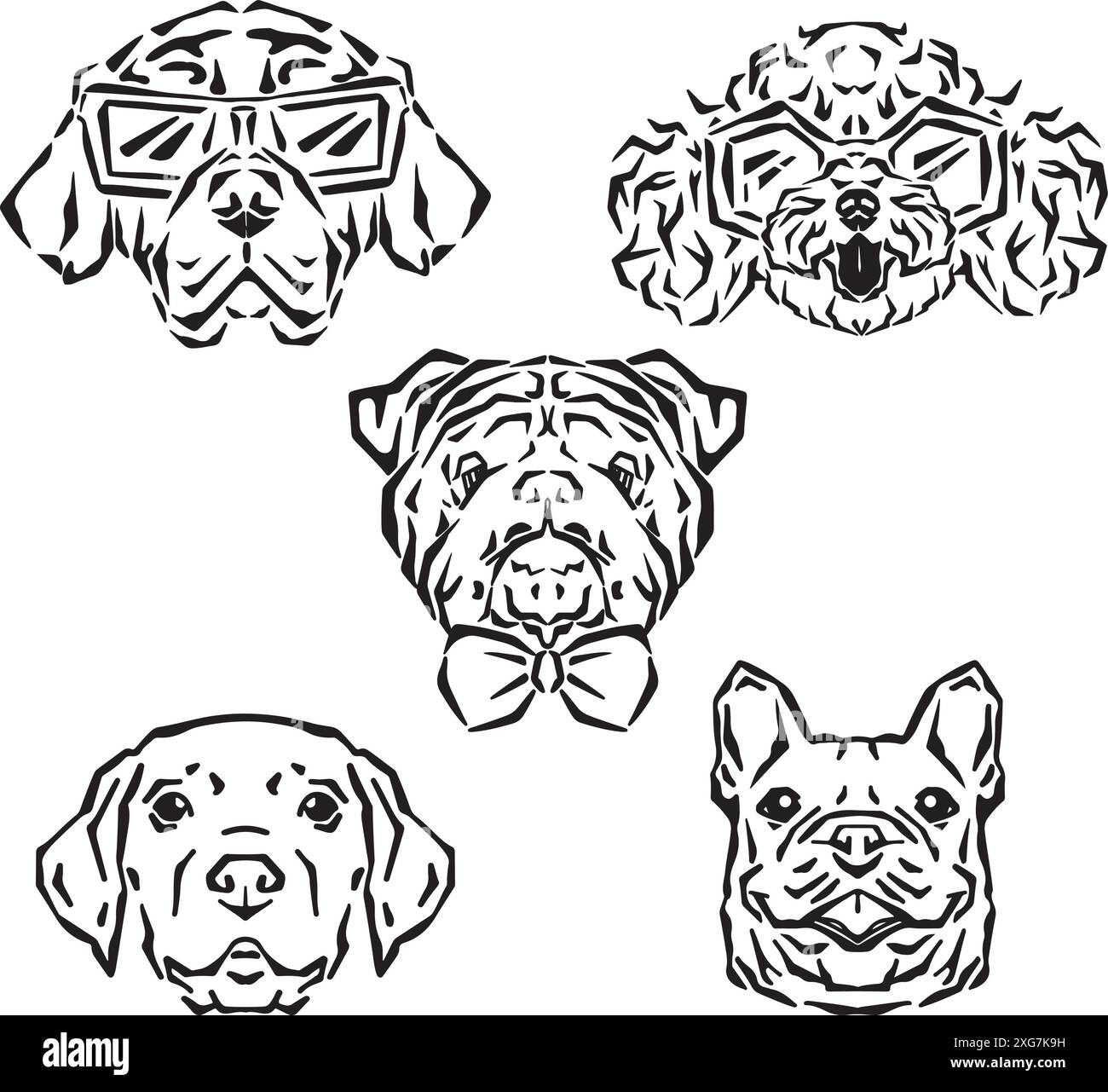 Dog breed faces set isolated on white background. Stock Vector